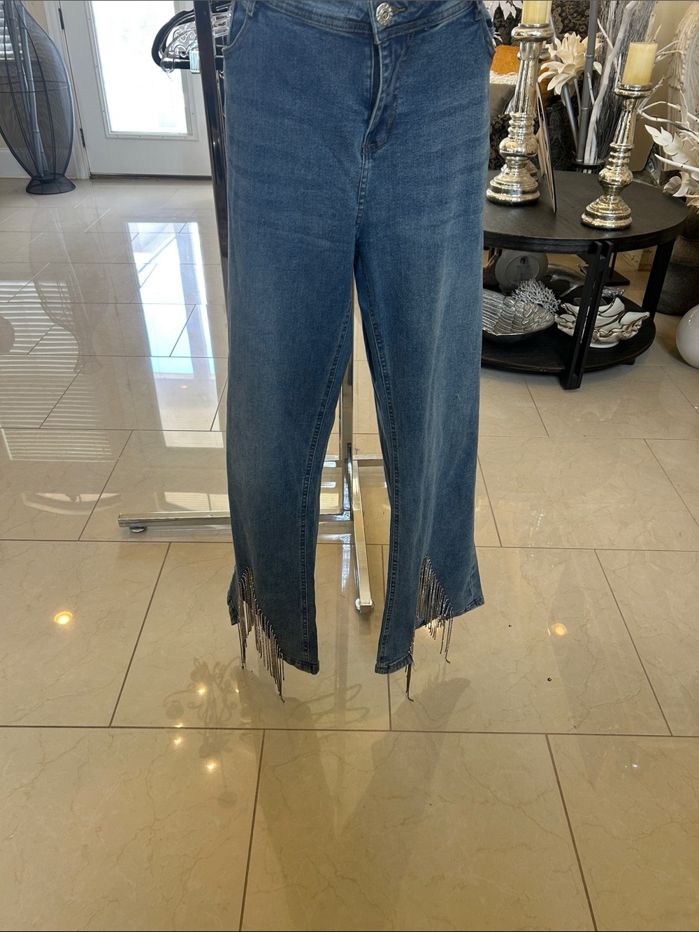 Vocal Blue Cropped Jeans with Fringe Hem